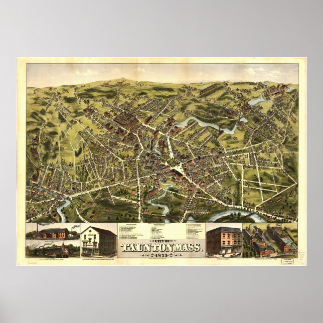 Taunton Massachusetts 1875 Antique Panoramic Karta Poster (Framsidan)