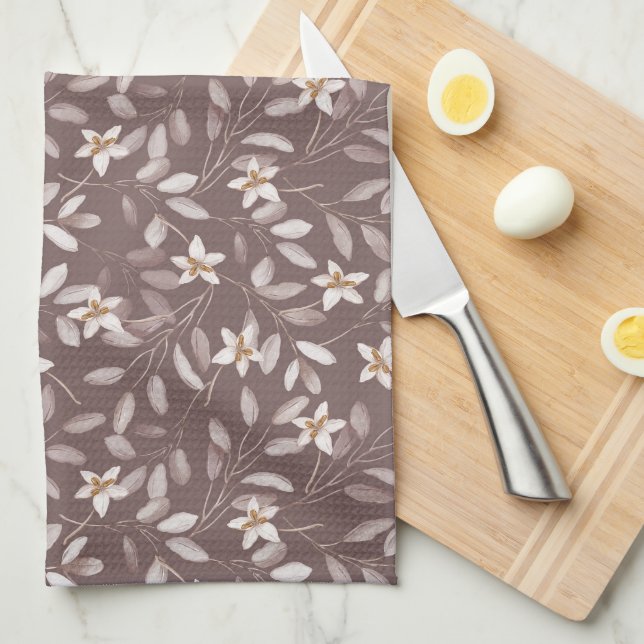Taupe Akvarell Eukalyptus Blommig Kökshandduk (Vikt i Fjärdedel)