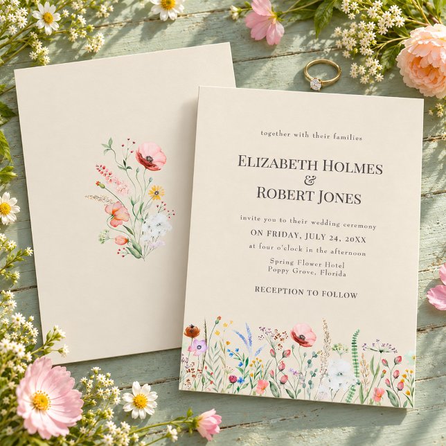 Taupe Akvarell Vildblomma Bröllopsinbjudan Inbjudningar (Taupe Watercolor Wildflower Wedding Invitation)
