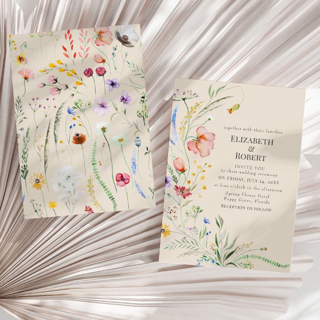 Taupe Akvarell Vildblomma Bröllopsinbjudan Inbjudningar (Taupe Watercolor Wildflower Wedding Invitation on a sunny neutral dry palm leaf.)