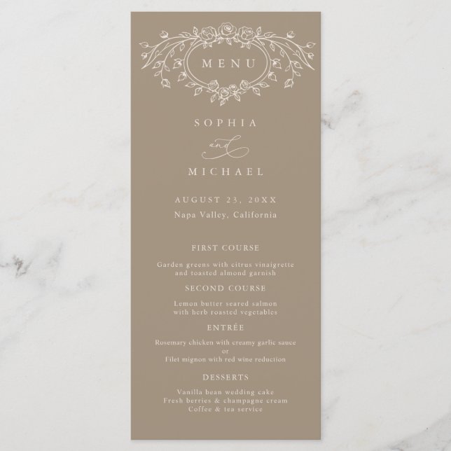Taupe and Beige Floral Line Art Wedding Flat  Meny (Framsida)