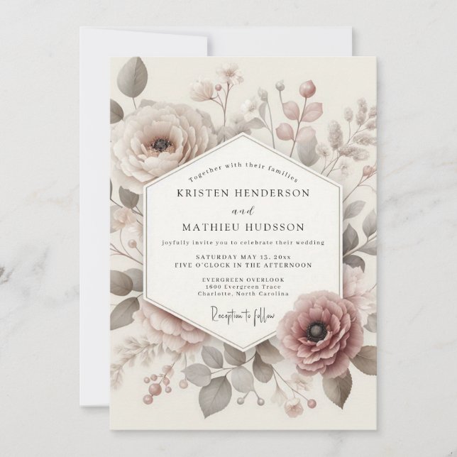 Taupe Antique Bloom Bröllop Inbjudningar (Framsida)