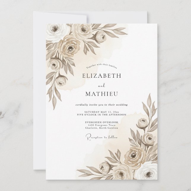 Taupe Artistic Floral Romance Wedding Inbjudningar (Framsida)