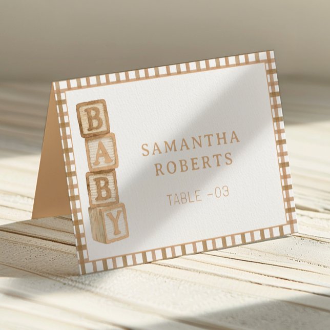 Taupe Baby Blocks Editable Tent Cards | Place Card Bordsnummer (Baby Shower Table Number)