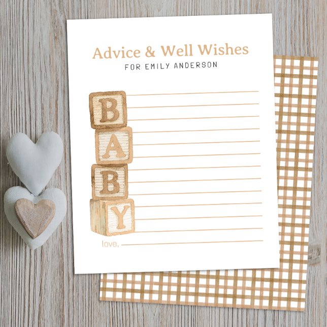 Taupe Baby Blocks Råd & Lycka önskar Kort (Advice & Well Wishes Baby Shower Activity)