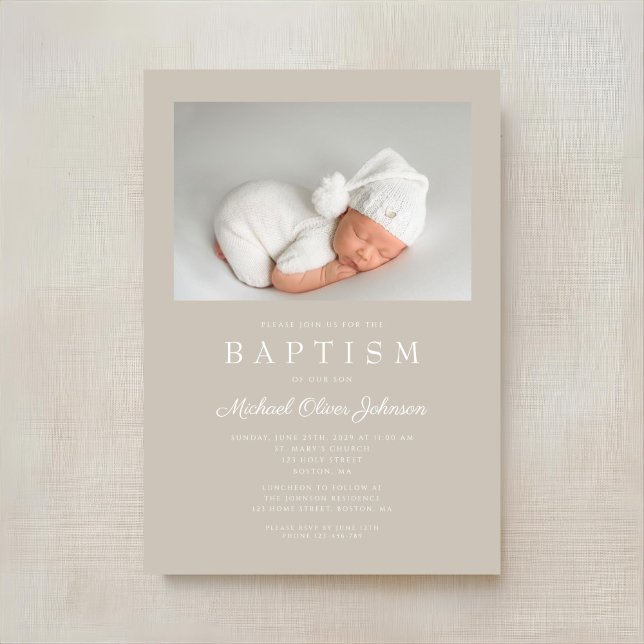 Taupe Beige Modern Foto Dopning Inbjudningar (Taupe Beige Modern Photo Baptism Invitation)