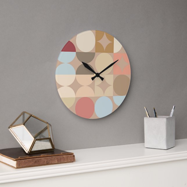 Taupe Beige  Rosa Light Blue Retro Mönster Stor Klocka (Kontor)