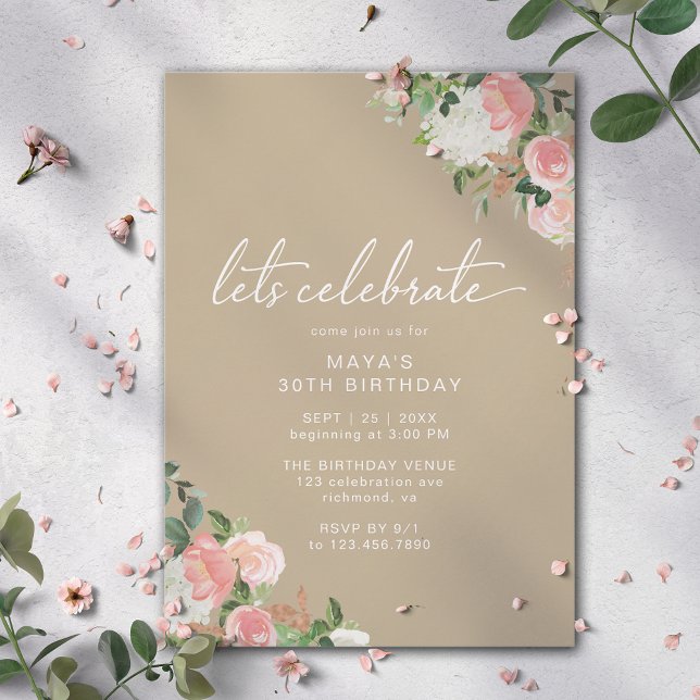 Taupe Beige &  Rosa | Modern Blommigt födelsedag Inbjudningar (Skapare uppladdad)
