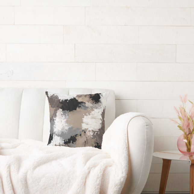 Taupe Black Grått White Abstrakt Brushstrokes Kudde (Soffa)
