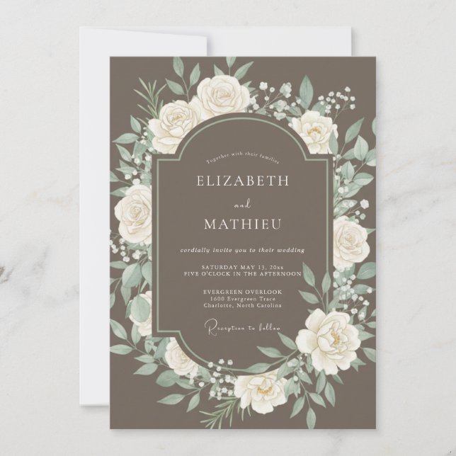 Taupe Blommande Blommig Romantisk Bröllop Inbjudningar (Framsida)