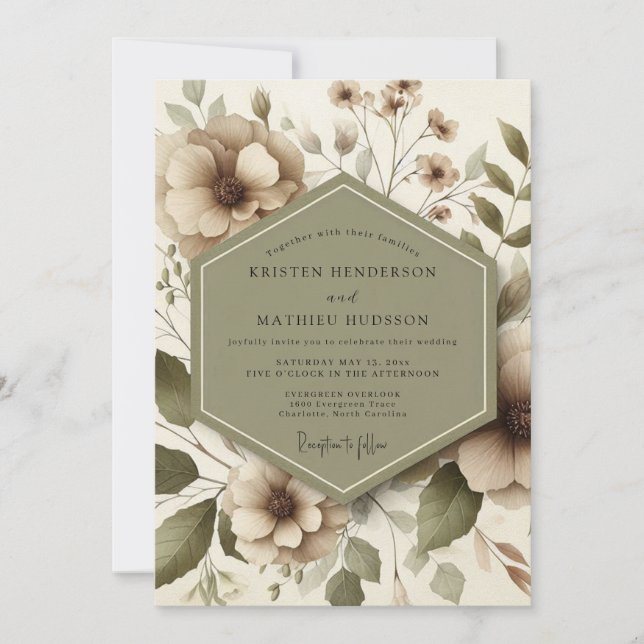 Taupe Blommig Eterisk Bröllop Inbjudningar (Framsida)