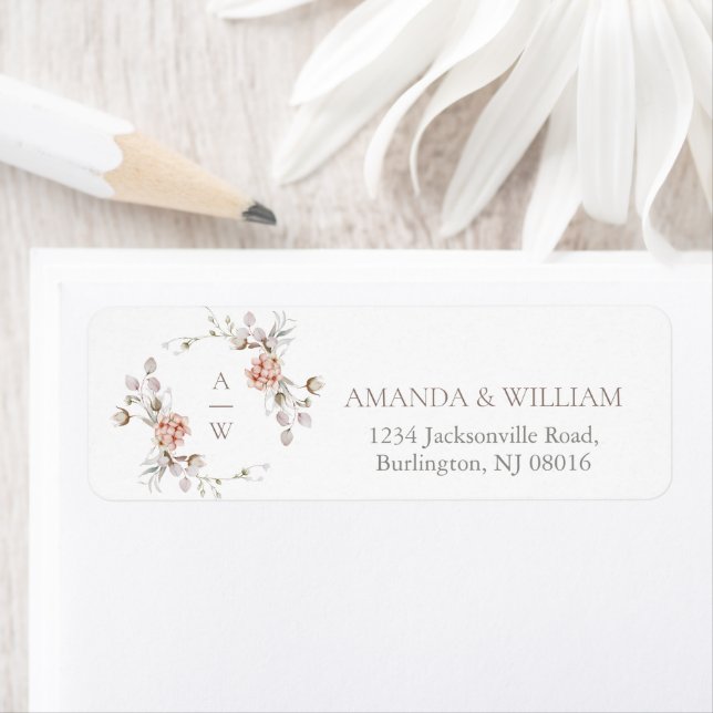 Taupe Blommig Monogram Returadress Etikett (Insitu)