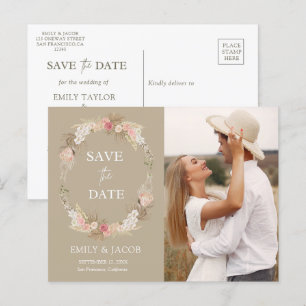 Taupe Boho blommigt wand Spara datumet Vykort