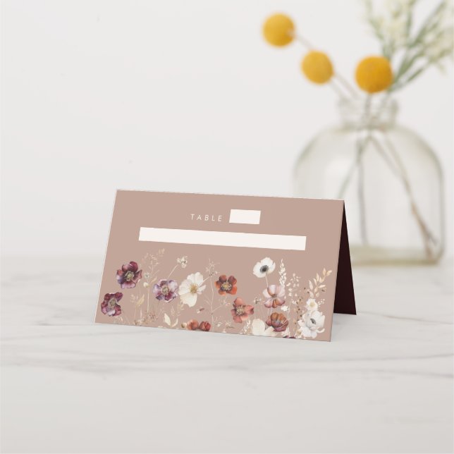 Taupe Boho Fall Wildblomma Bröllop Placeringskort (Framsida)