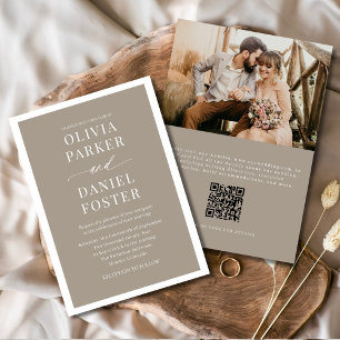 Taupe Boho QR-kod Fotominimalist Bröllop Inbjudningar