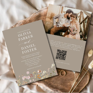 Taupe Boho Vildblomma QR-kod Foto Bröllop Inbjudningar