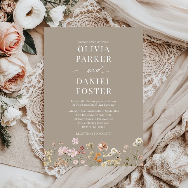 Taupe Boho Wildblomminimalist Bröllop Inbjudningar (Skapare uppladdad)
