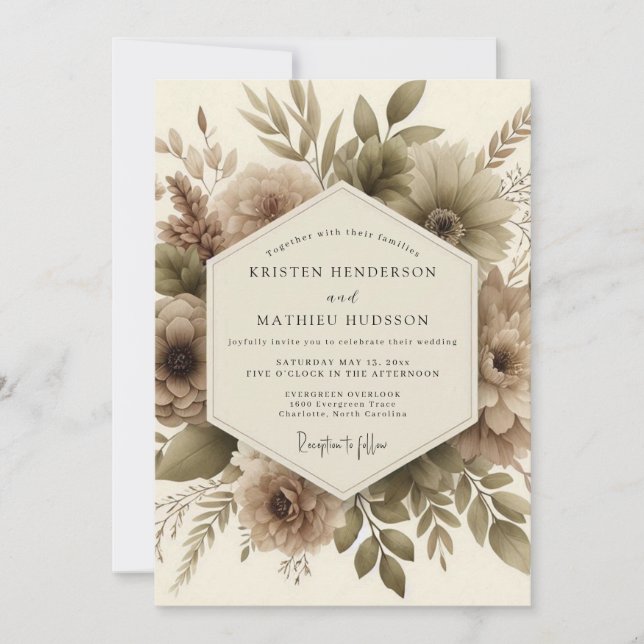 Taupe Botanical Autumn Romance Wedding Inbjudningar (Framsida)