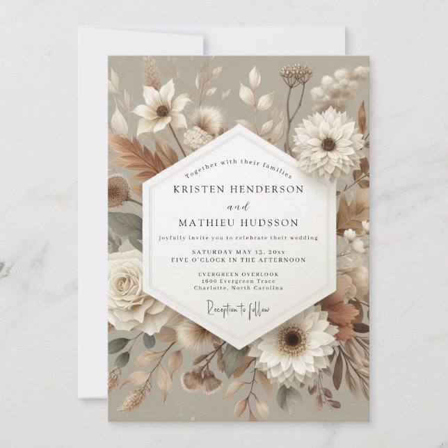 Taupe Botanical Romance Wedding Inbjudningar (Framsida)