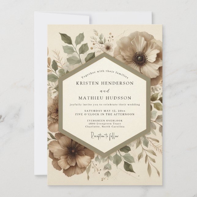 Taupe Botanical Woodland Wedding Inbjudningar (Framsida)