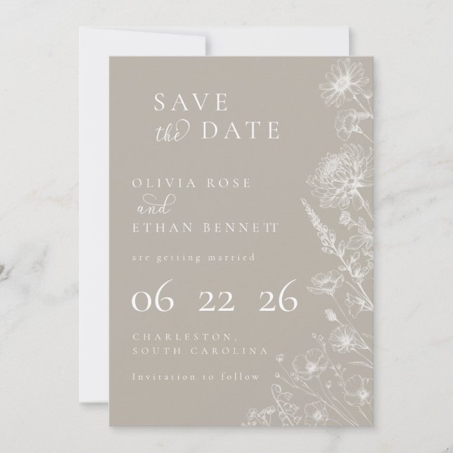 Taupe Botanisk Minimalistisk Bröllop Spara Datum (Framsida)