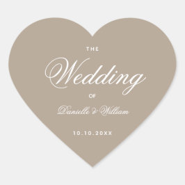 Taupe Bröllop Hjärtan Enkelt Elegant Vitt Skript Hjärtformat Klistermärke