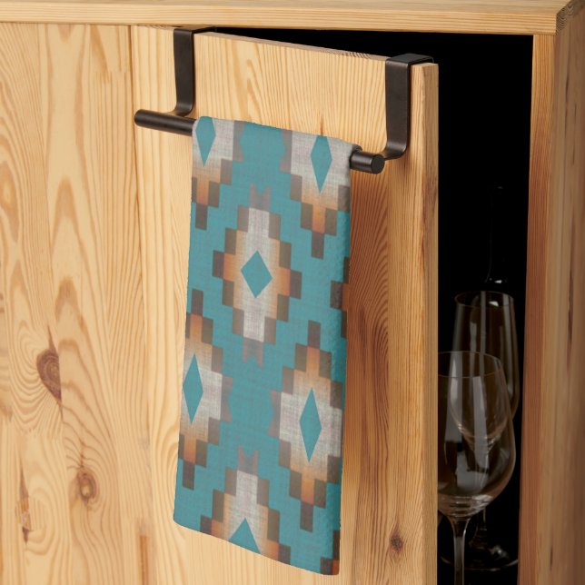 Taupe Brown Blue Teal Orange Tribal Art Mönster Kökshandduk (Thirds Fold)
