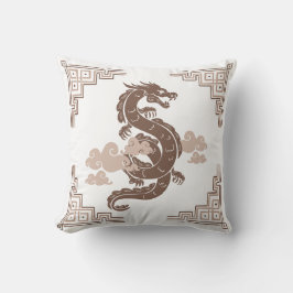 Taupe Brown Chinoiserie Dragon and Clouds Kudde