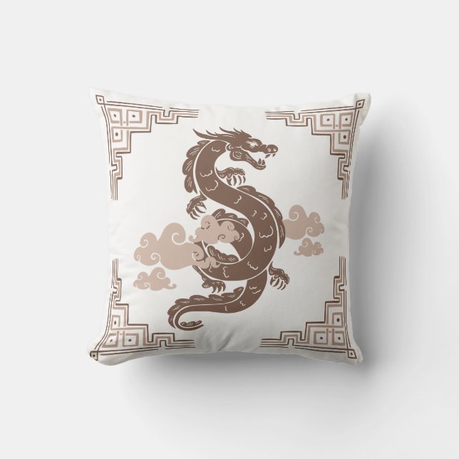 Taupe Brown Chinoiserie Dragon and Clouds Kudde (Framsida)