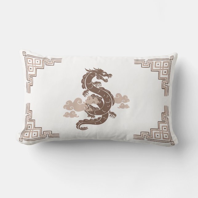 Taupe Brown Chinoiserie Dragon and Clouds Lumbarkudde (Framsida)