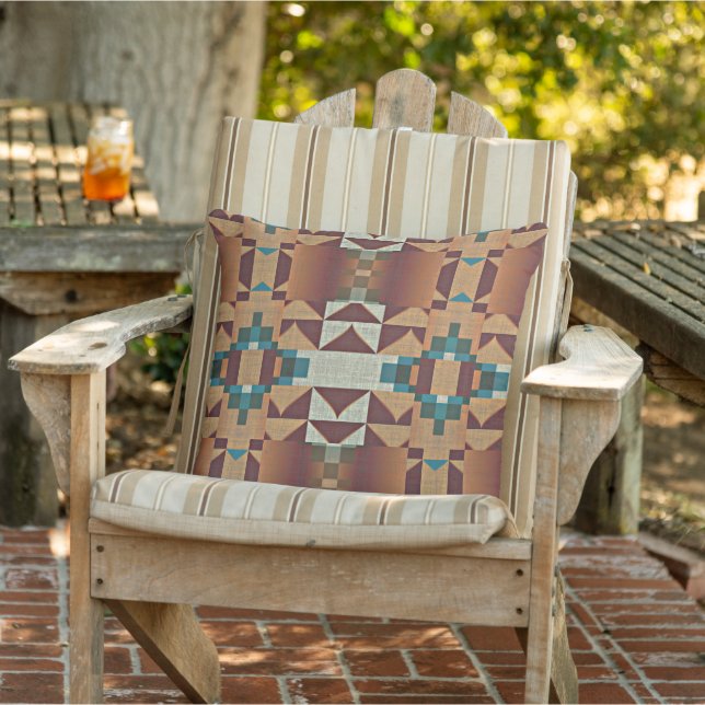 Taupe Brown Orange Teal Blue Grönt Tribal Art Kudde (Stol)