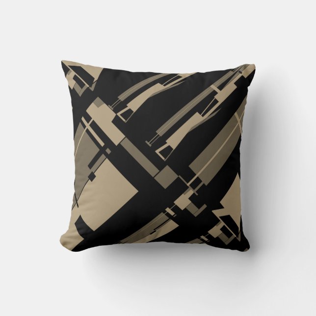 Taupe Brown Slanted Linjer Uneven Shapes on Black Kudde (Framsida)