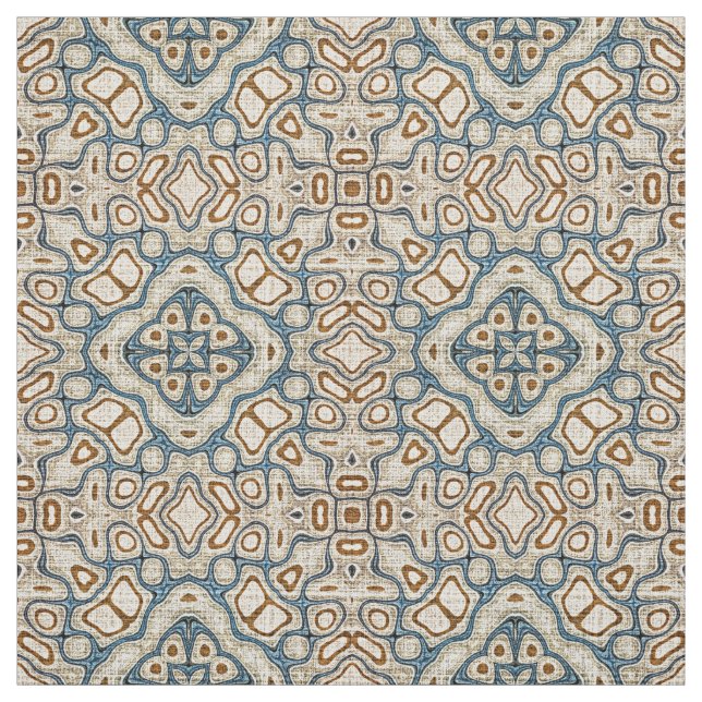 Taupe Brown Teal Blue Bali Batik Stil Mönster Tyg (Provkarta)