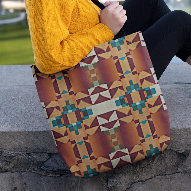Taupe Brown Teal Blue Grönt Tribal Art Mönster Tygkasse (Skapare uppladdad)