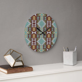 Taupe Brown Turcos Aqua Blue Tribal Mönster Stor Klocka