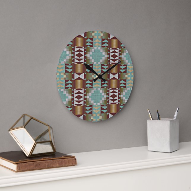 Taupe Brown Turcos Aqua Blue Tribal Mönster Stor Klocka (Kontor)
