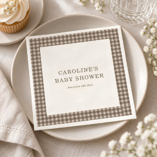Taupe Brun Gingham Rutigtryck Baby Shower Pappersservett