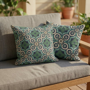 Taupe Brun Teal Grön Blå Orient Tribal Konst Kudde