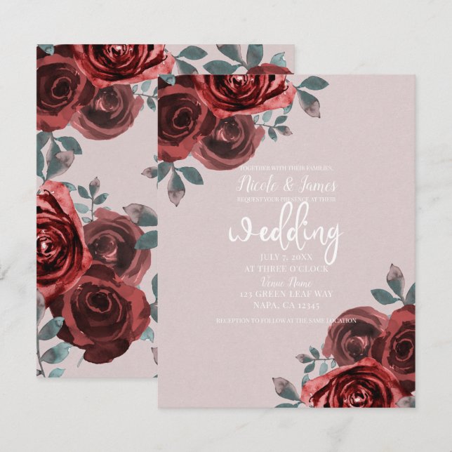 Taupe Burgundy Watercolor Ro Greenery Bröllop Inbjudningar (Fram/baksida)