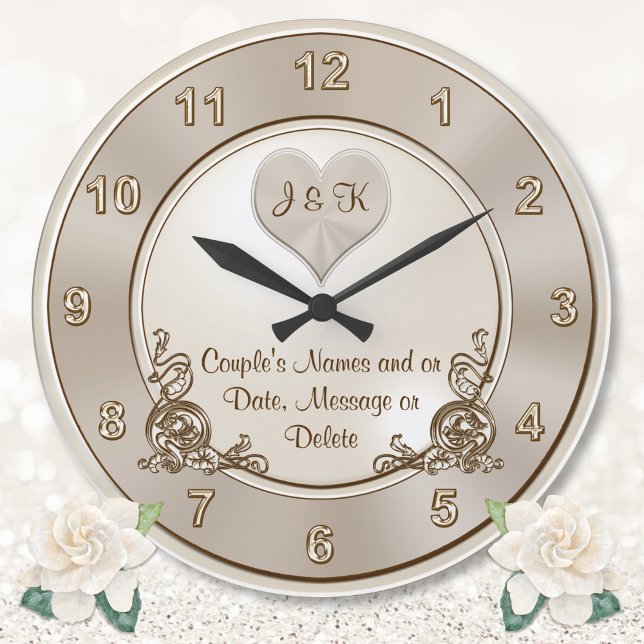 Taupe, Champagne Ivory, Bröllop Wall Clock Stor Klocka (Engagement gift suggestions. Wedding wall clock. Personalised, marriage gift for sister, best friend)