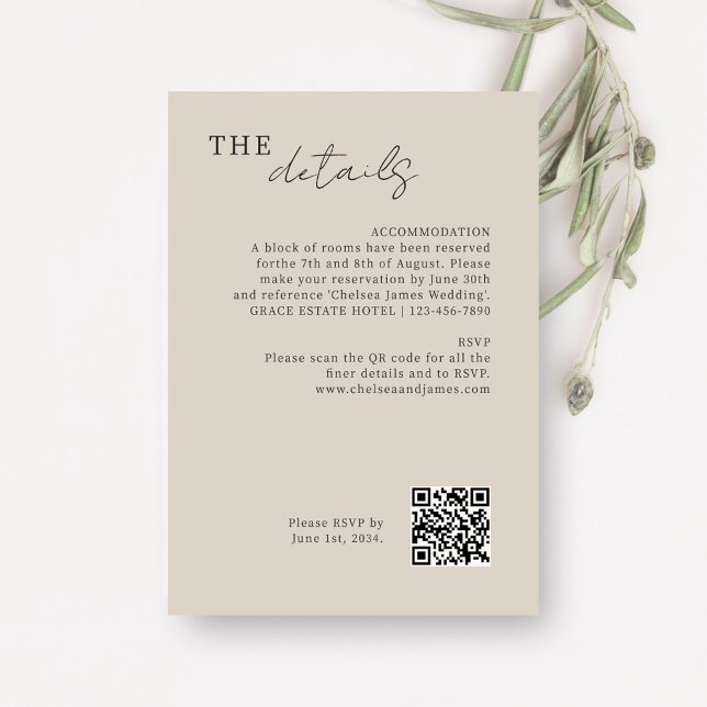 Taupe | Chic Minimal QR-kod för Bröllop Tilläggskort (Skapare uppladdad)