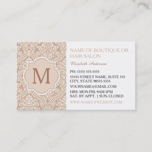 Taupe Damask Boutique Frisörsalong Visitkort (Framsida)