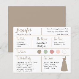 Taupe Dress Färg Bridesmaid informationskort