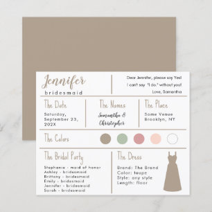 Taupe Dress Färg Bridesmaid informationskort