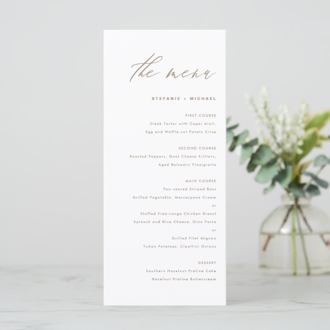 Taupe Elegant Calligraphy Bröllop Meny (Stående Fram)