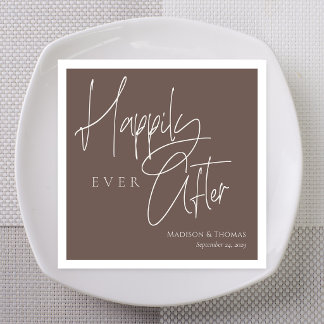 Taupe Elongated Script Lyckliga Evigt Bröllop Pappersservett
