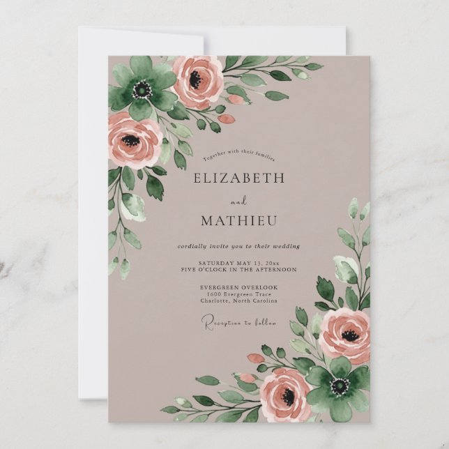 Taupe Exquisite Watercolor Wedding Inbjudningar (Framsida)