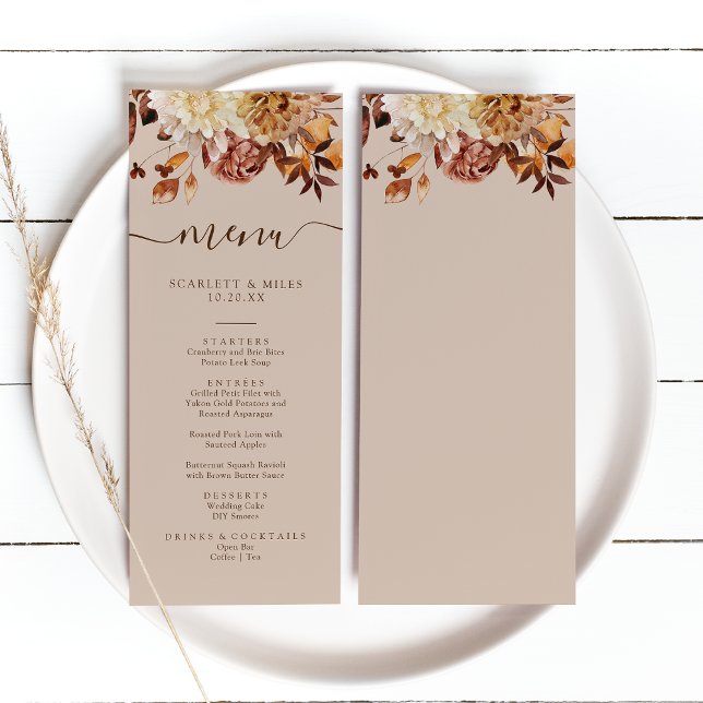 Taupe Fall Leaves Meny (Taupe Watercolor Fall Leaves Wedding Menu by Painted Paperie
)