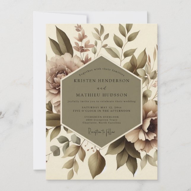 Taupe Floral Botanical Wedding Inbjudningar (Framsida)