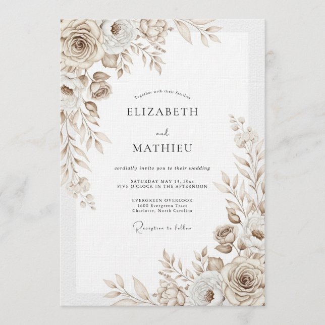 Taupe Floral Flourish Wedding Inbjudningar (Framsida)